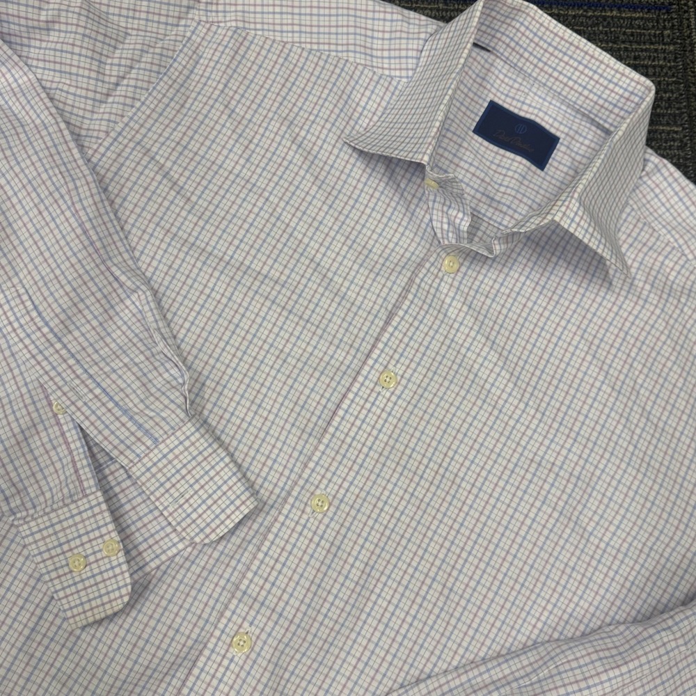 David Donahue Mens Dress Shirt Blue Pink Plaid Long‎ Sleeve Button Down Collared